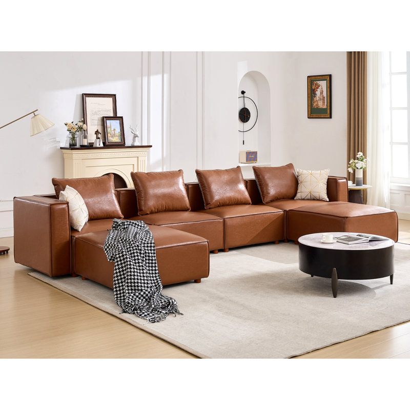 17 Stories 6-Piece 152.76” Leather Upholstered Sectional Sofa